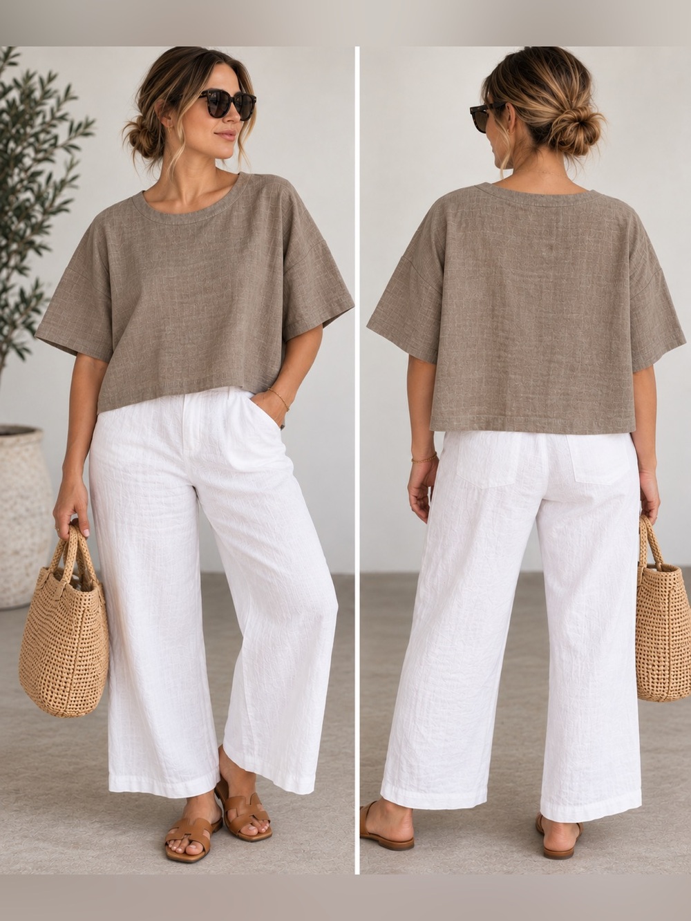 PLANET by Lauren G 100% Linen Boxy Crop Top Taupe One Size